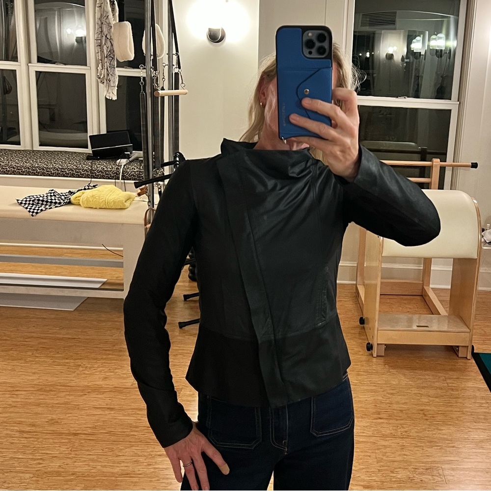 Vince Navy and Black Leather Jacket with Black knit panels
